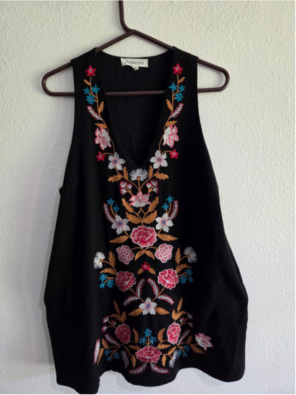 By Together Women’s L Black Embroidered Floral Long Tunic Tank Top